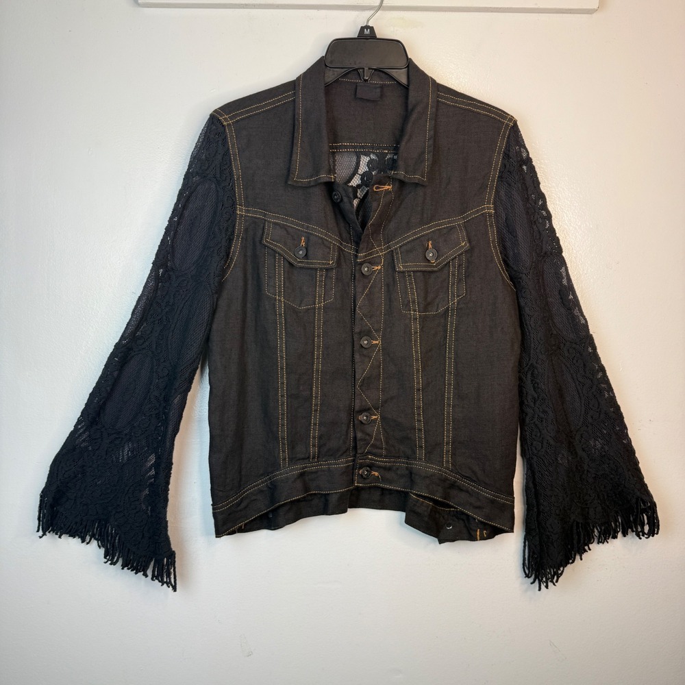 Sunday Tropez Womens 100% Linen Knit Sleeves Button Down Elvis Jacket Black Sz M